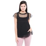 VEDA Womens Round Neck Solid Lace Yoke Top